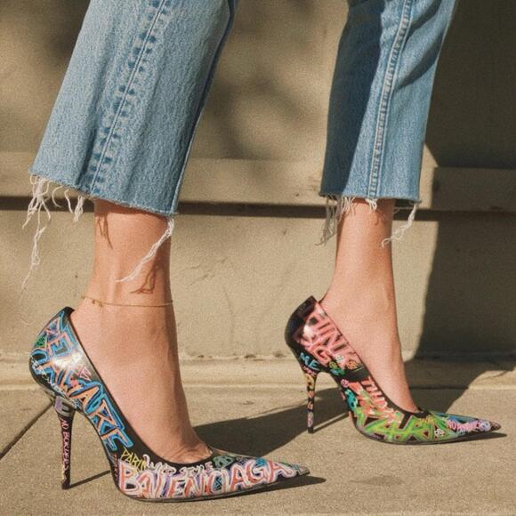 Balenciaga Graffiti Knife Pumps Black Leather Heels Pointed Sz 37.5 / 7.5 US - Picture 2 of 12